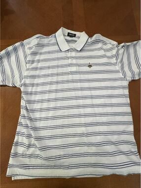 Vintage Ashworth Men's XXL White and Blue Striped Cotton Polo Shirt